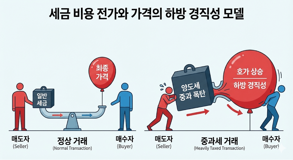 양도세 중과로 인한 매물 잠김 현상과 가격 하방 경직성 메커니즘 구조도